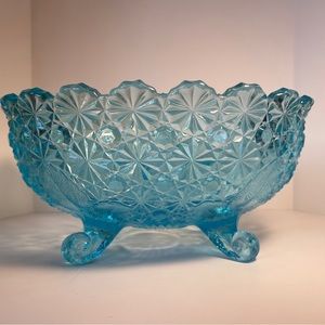 Vintage L G Wright Daisy and Button Blue 4-Footed Oval Bowl ~ 10 1/2"